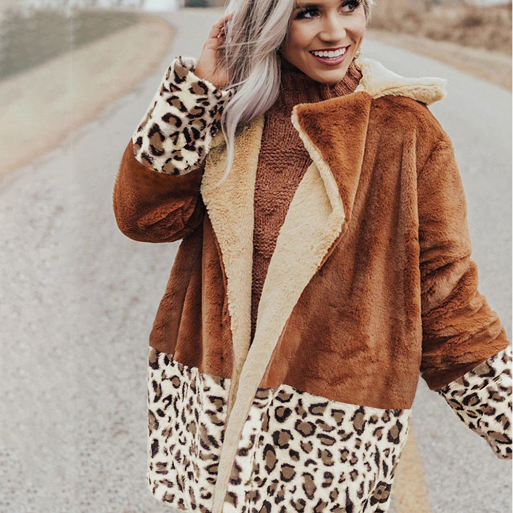Long Jacket Coat Autumn Winter Vintage Leopard Warm Plush Outerwear Womans Cozy Faux Fur Black Jackets Fall Clothes For Women 201029