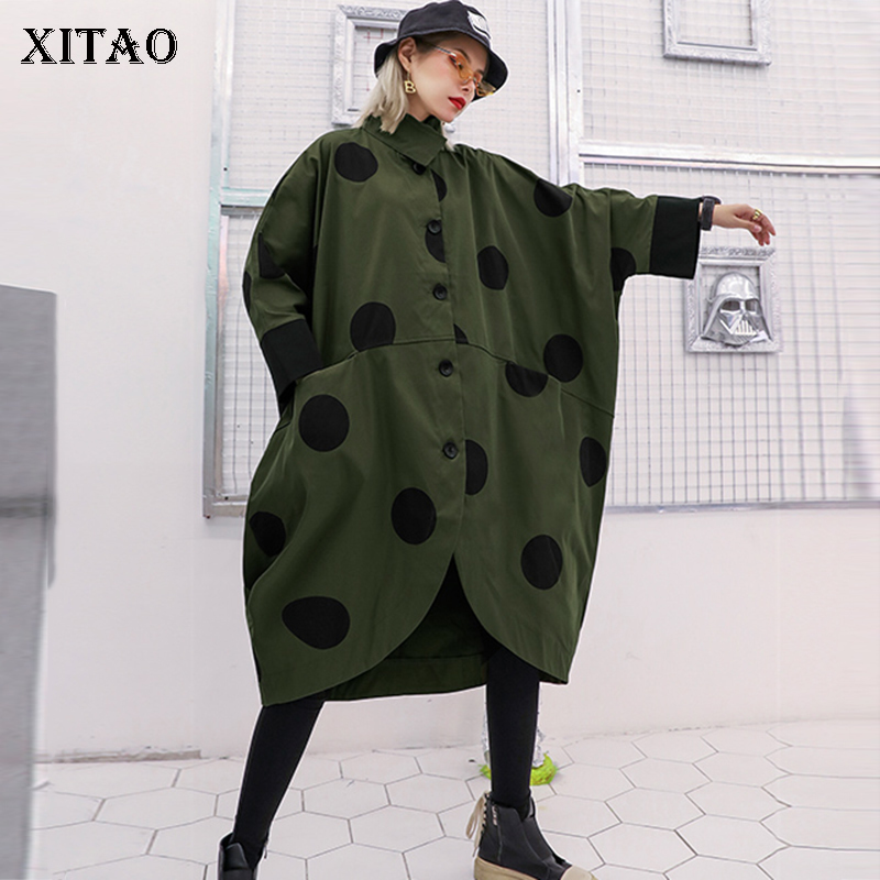 XITAO Irregular Plus Size Trench Women Polka Dot Autumn Single Breast Pocket Elegant Patchwork Turn Down Collar Coat GCC1781 201015