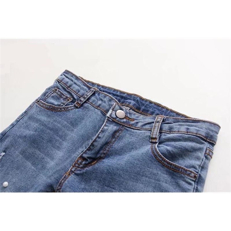 Knee Hole Ripped Jeans plus size Women Stretch Denim Pencil Pants Casual Slim Fit Rivet Pearl Summer Long Sex Trousers Cowboy 201030