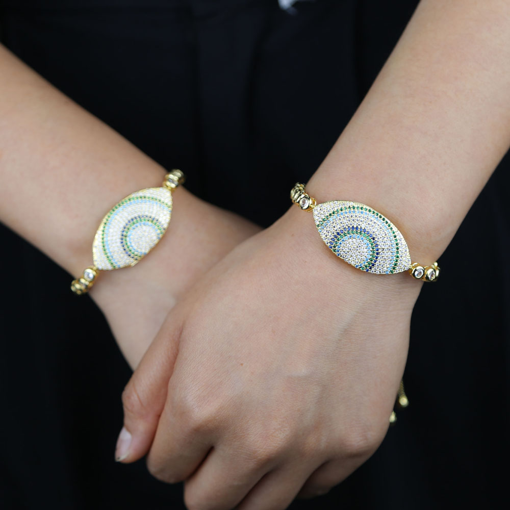 New Fashion Evil Eye Gold Color Round Tennis Bracelet Bangle for Women paved Color cz Adjustable Luxury Jewelry for Wedding Engagement Gift