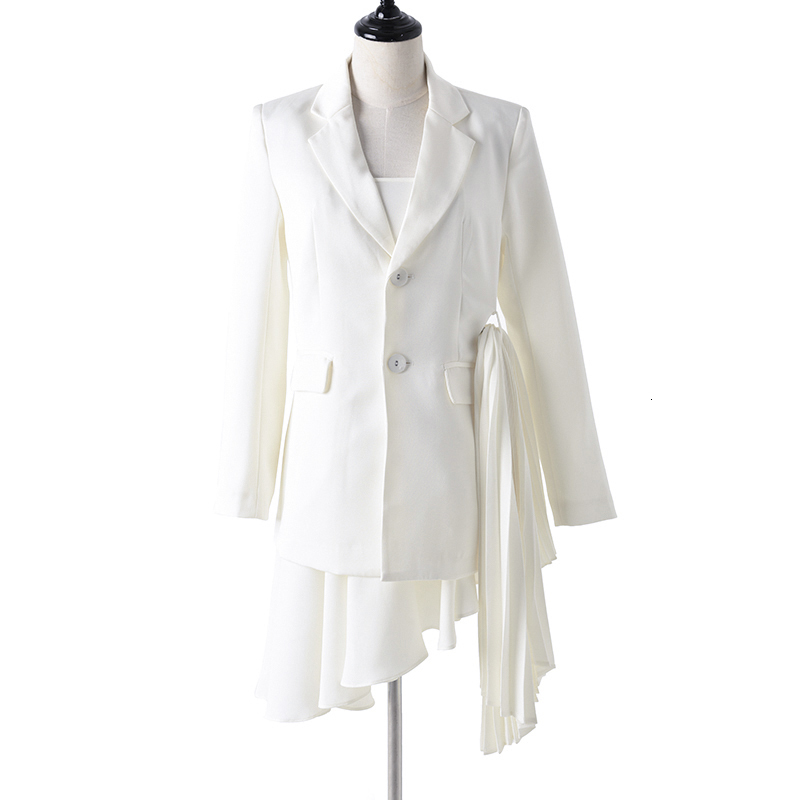 EAM Loose Fit Asymmetrical Two Pieces Pleated Jacket Lapel Long Sleeve Women Coat Fashion Spring Autumn 1A5020 201017
