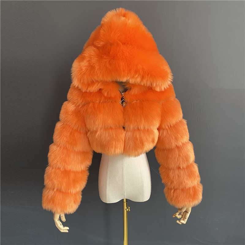 High Quality Cropped Fur Faux Fur Coats and Jackets Women Fluffy Top Coat With Hood Winter Fur Jacket Coat Female 201110