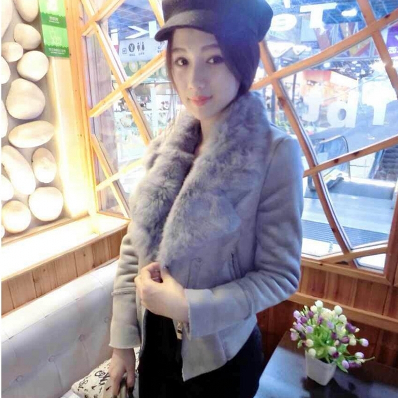 Real Pos Winter Clothe Suede Coat Short Jacket Fur Collar Zipper Thick Slim Outwear chaqueta mujer C91195 201017