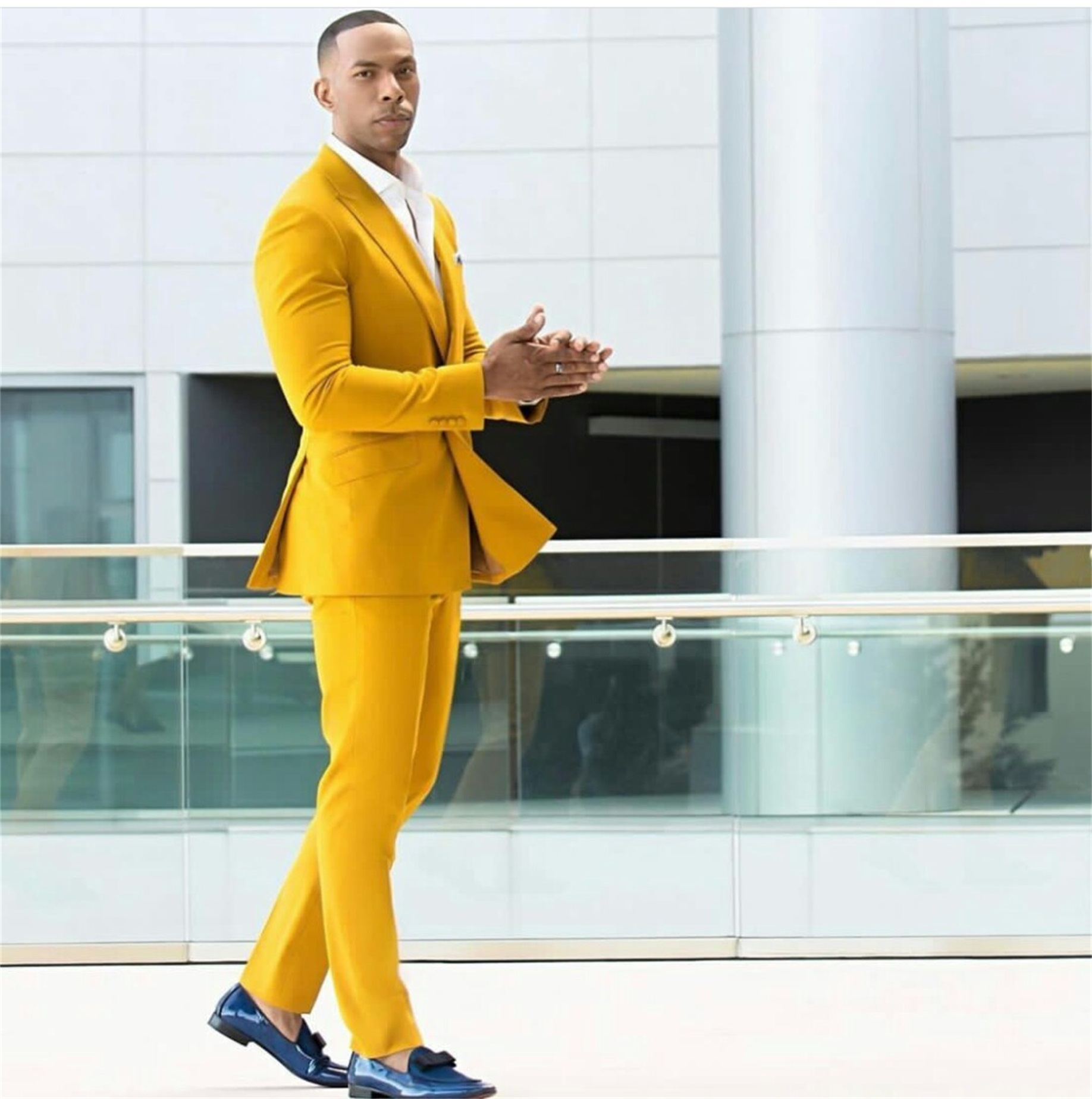 Handsome Yellow Mens Suits 2 Pieces Groom Best Man Pants Suit Business Wedding Tailored Blazer Jacket (Jacket+Pants)