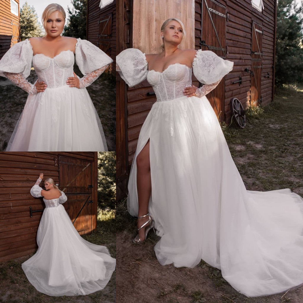Plus Size Fashion Lace Wedding Dresses With Detachable Sleeves Sweetheart Neck A Line Bridal Gowns Sweep Train Side Split Robe De Marie