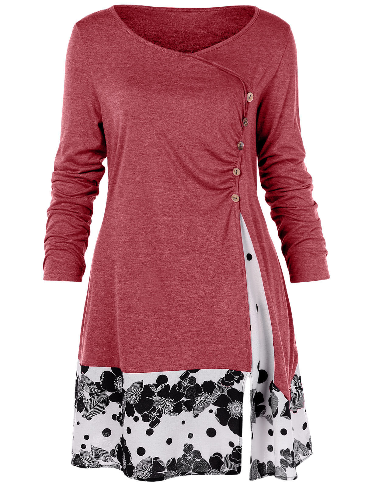 Plus Size 5XL Draped Floral Long Tunic Shirts Long Sleeve O-Neck Buttons Embellished Women Blouse Spring Casual Tops Tee T200321