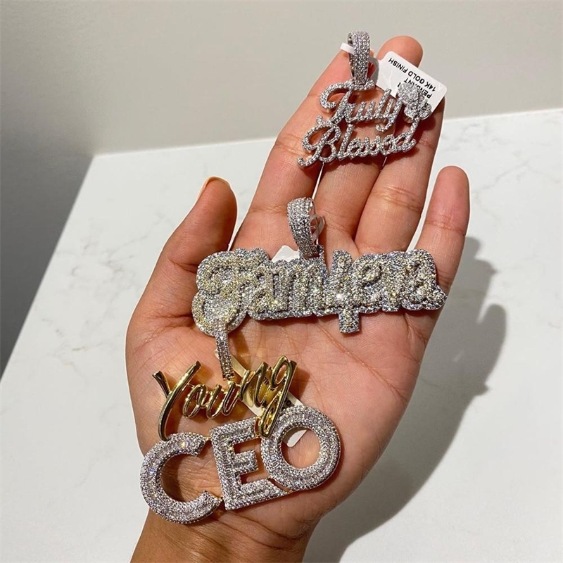 High quality Hip hop bling men jewelry 5A cubic zirconia iced out bling baguette cz Young CEO pendant necklace rope tennis chain 201014