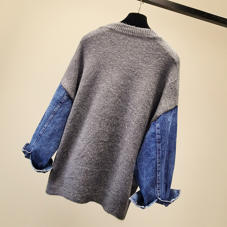 Pullover o neck hedging denim stitching contrast sweater women autumn winter all-match long-sleeved sweater loose lazy wind top 201225