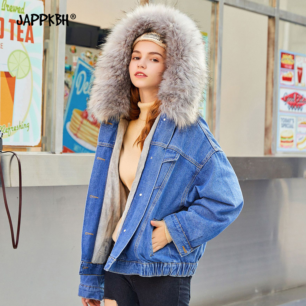 Oversized Faux Fur Lining Hooded Denim Women's Jacket Thick Warm Velvet Winter Coat Female Vintage Loose Pocket Parkas Outwear 201029