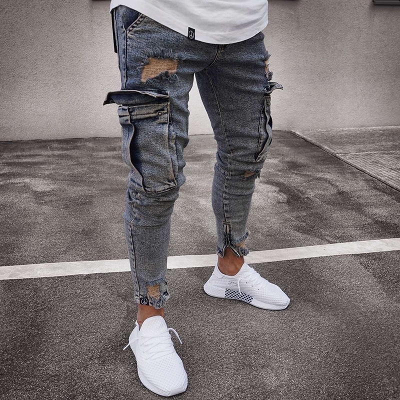 Mens Skinny Trend Knee Hole Zipper Pocket Denim Biker Hip Hop Distressed Slim Elastic Washed Jeans 201111