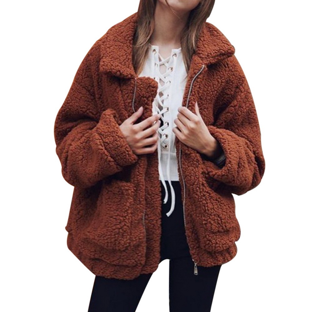 Autumn Winter Faux Fur Coat Women Casual Warm Soft Zipper Fur Jacket Plush Overcoat Pocket Plus Size Coat Female 201019