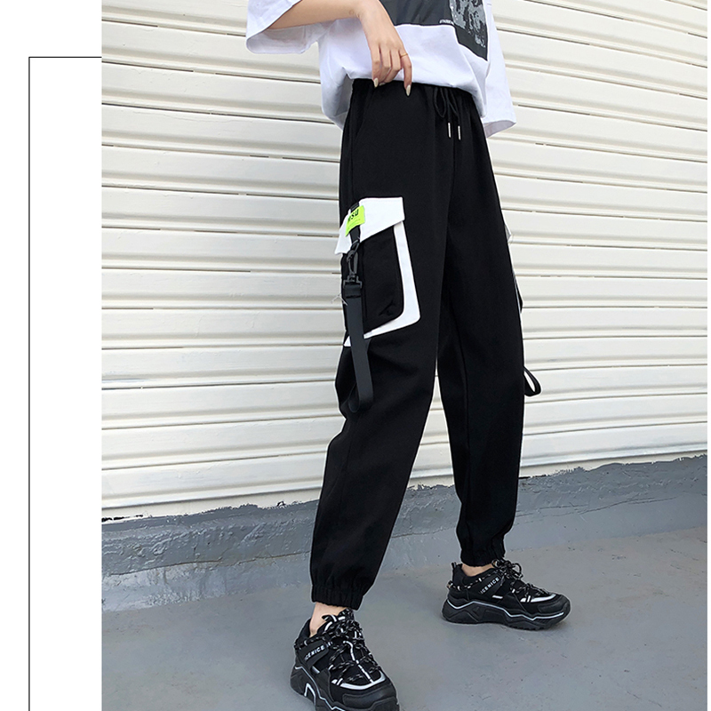 Spring Black Ribbon Cargo Pants Women High Waisted Joggers Women Women's Summer Big Pocket Sweatpants LJ201130