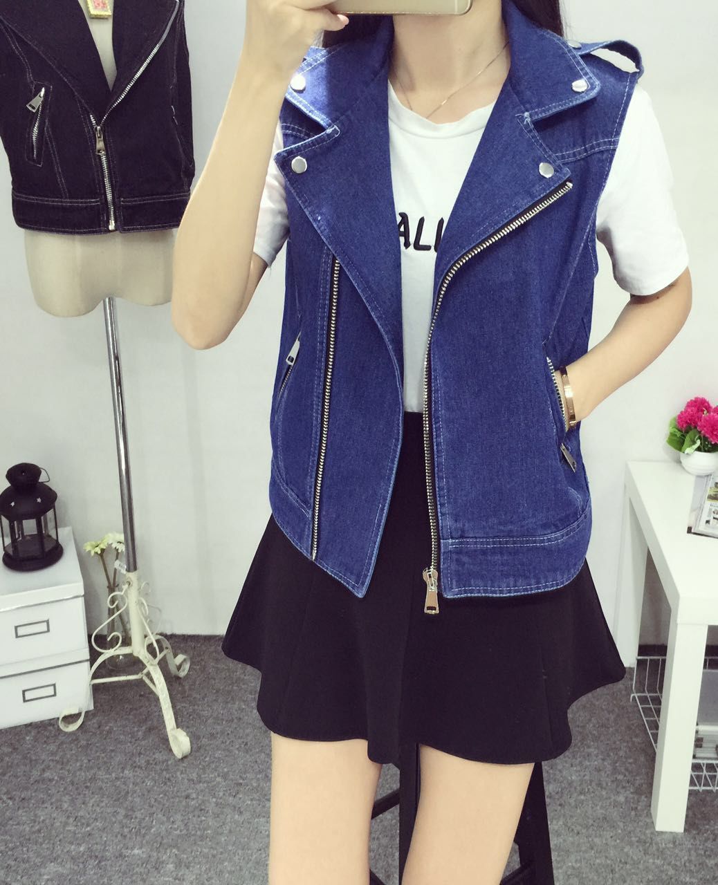 Plus Size Autumn Denim Design Short Outerwear Female Vest 7hnd, Blue