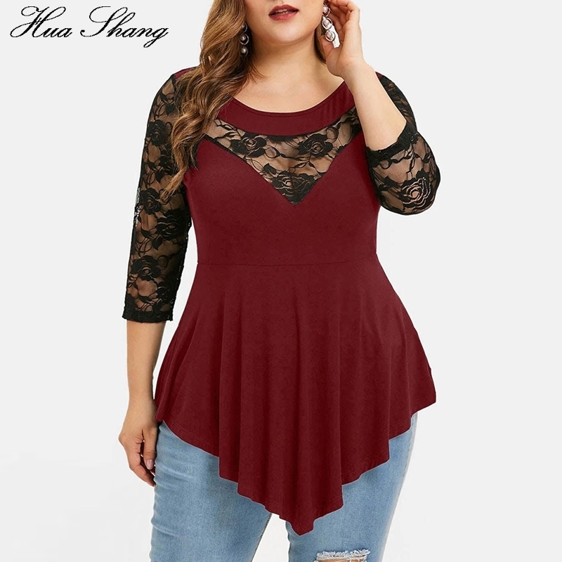 Plus Size 5XL Floral Lace Hollow Out Sexy Tunic Blouse Women Clothing Summer Big Size Tops Ladies Ruffles Irregular Blusas 201130