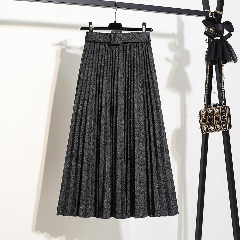 New Autumn Elastic Waist Women Long Skirt With Belt Winter Black ALine Female Skirt Solid Pleated Skirt Korea Style Femme T200324