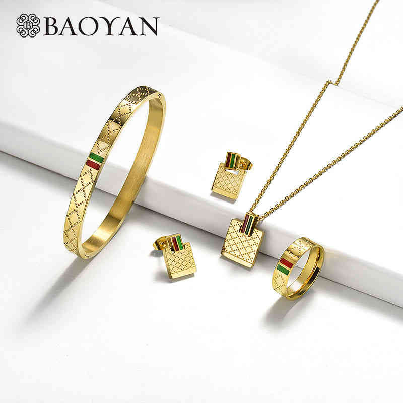 BAOYAN luxury brand designer gold imitation women's 316L stainless steel jewelry set for women woman men ring earrings necklace 220210
BAOYAN luxury brand designer gold imitation women's 316L stainless steel jewelry set for women woman men ring earrings necklace 220210