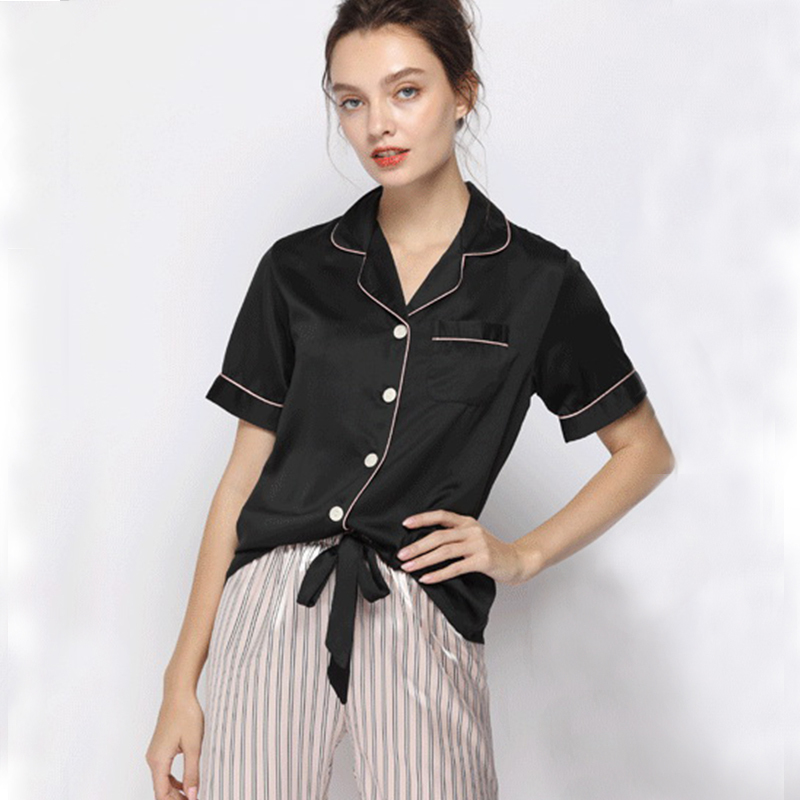 JULY'S SONG Soft Faux Silk Pajamas For Women Short Sleeve Sleepwear Lapel Collar Homewear Dot Striped Female Pyjamas Nightwear 201027