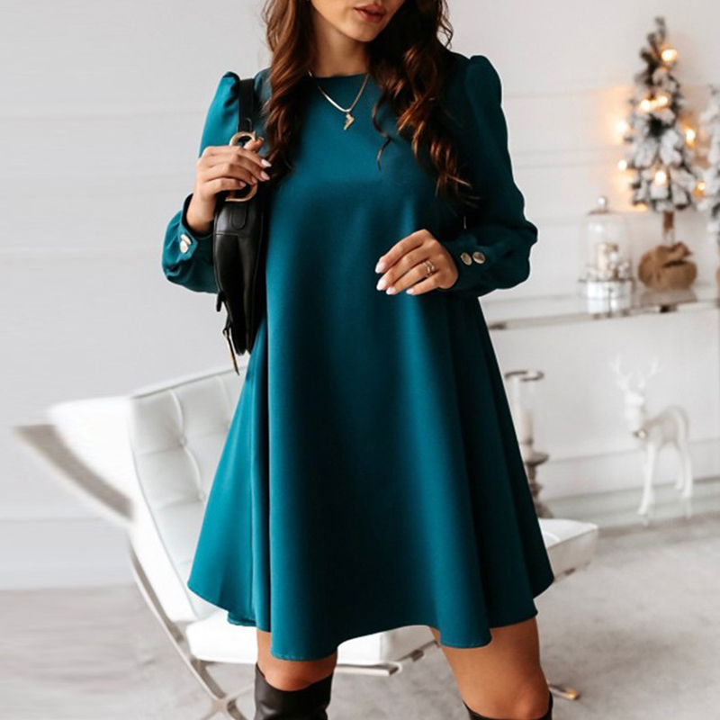 Elegant Women Metal Buttoned Mini Dress Casual Spring O Neck Party Dress Solid Autumn Female Long Sleeve A-Line Dresses Vestidos T200320