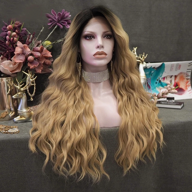 Long Deep Wave Ombre Blonde Wig Side Part Synthetic Lace Front Wig Black Roots Wigs for Women Ombre Blonde Cosplay Wigs