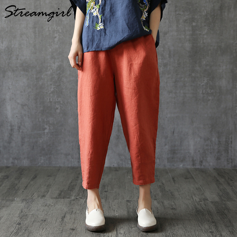 Vintage Women Linen Pants Plus Size 2019 Summer Pant Capris Loose Thin Fabric Linen Cotton Pant Solid Color Harem Pants Women T200319