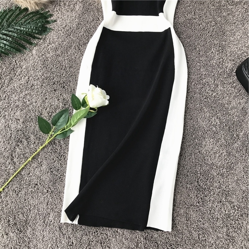 Autumn Office Ladies Fashion Knitted Sheath Halter Neck Knee-length Dress Women Brief Halter Slim One-step Middle Dress T200526