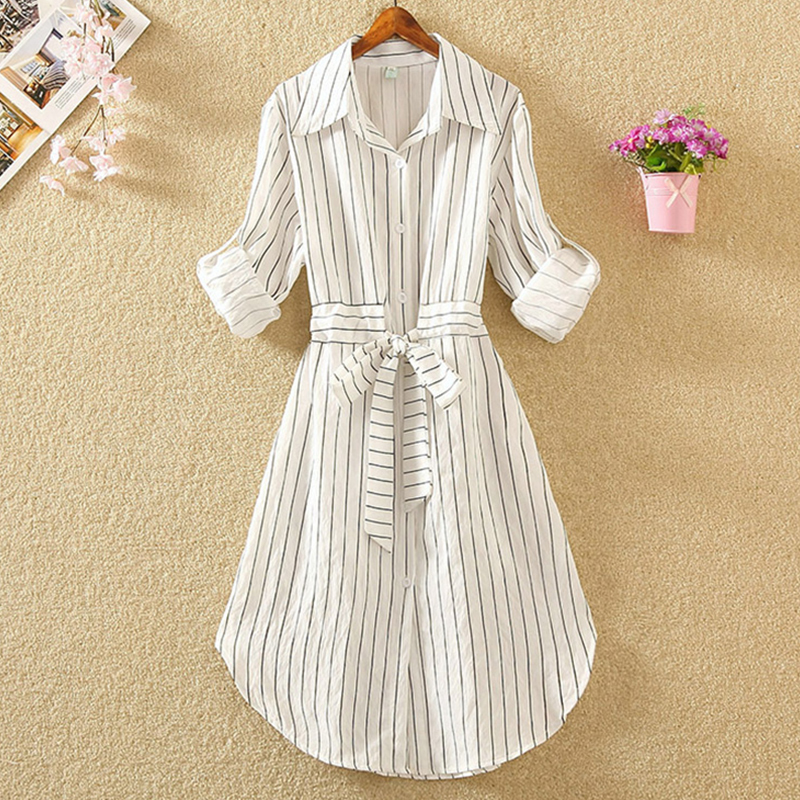 Striped Women Dress Tunic Long Sleeve Elegant Shirt Dress Blue White Black Spring Summer Ladies Casual Stripe Mini Dresses T200620