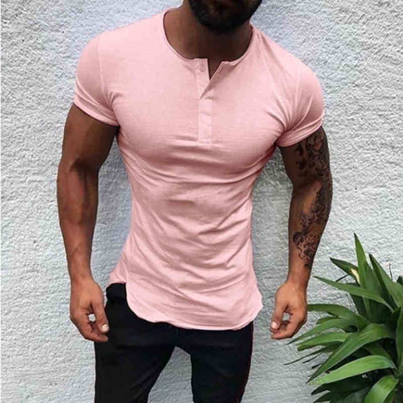 Men Henley Shirt new Tee Tops Short Sleeve Stylish Slim Fit T-shirt Button Collar Casual Men Outwears Clothing Man Y220214