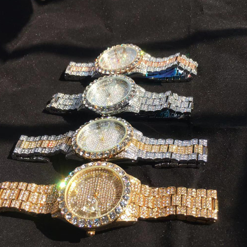 Full Bling Large Diamond Watch For Men ICED-Out Hip Hop Mens Quartz Watches Waterproof Date Male Clock Gold Steel Relogio XFCS LJ201119