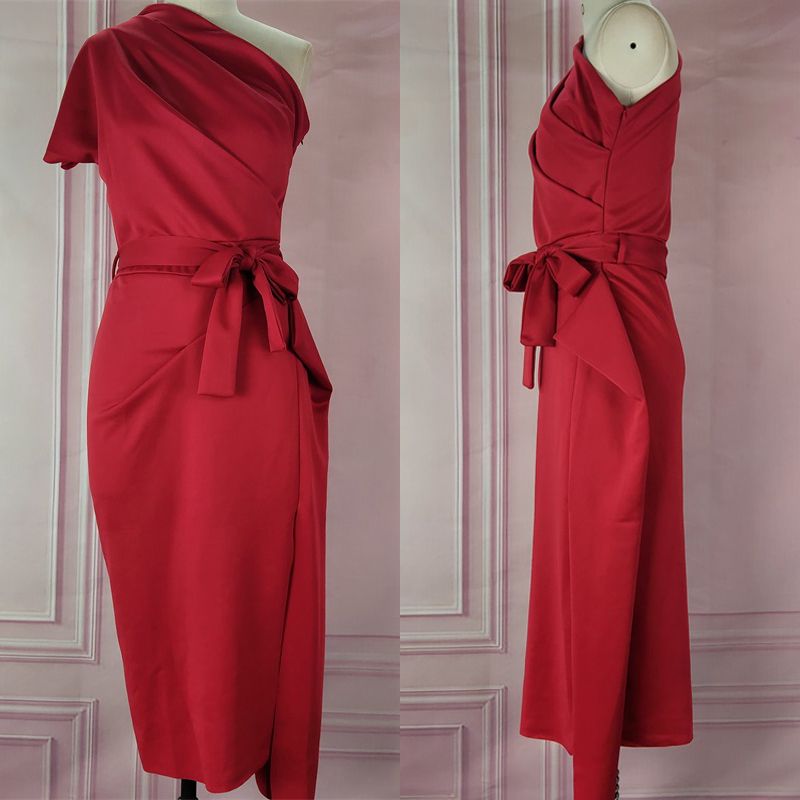 Women Dress One Shoulder with Waist Belt Slim Party Evening Elegant Dresses Split Yellow Blue Black White Night Date Robe Female T200604