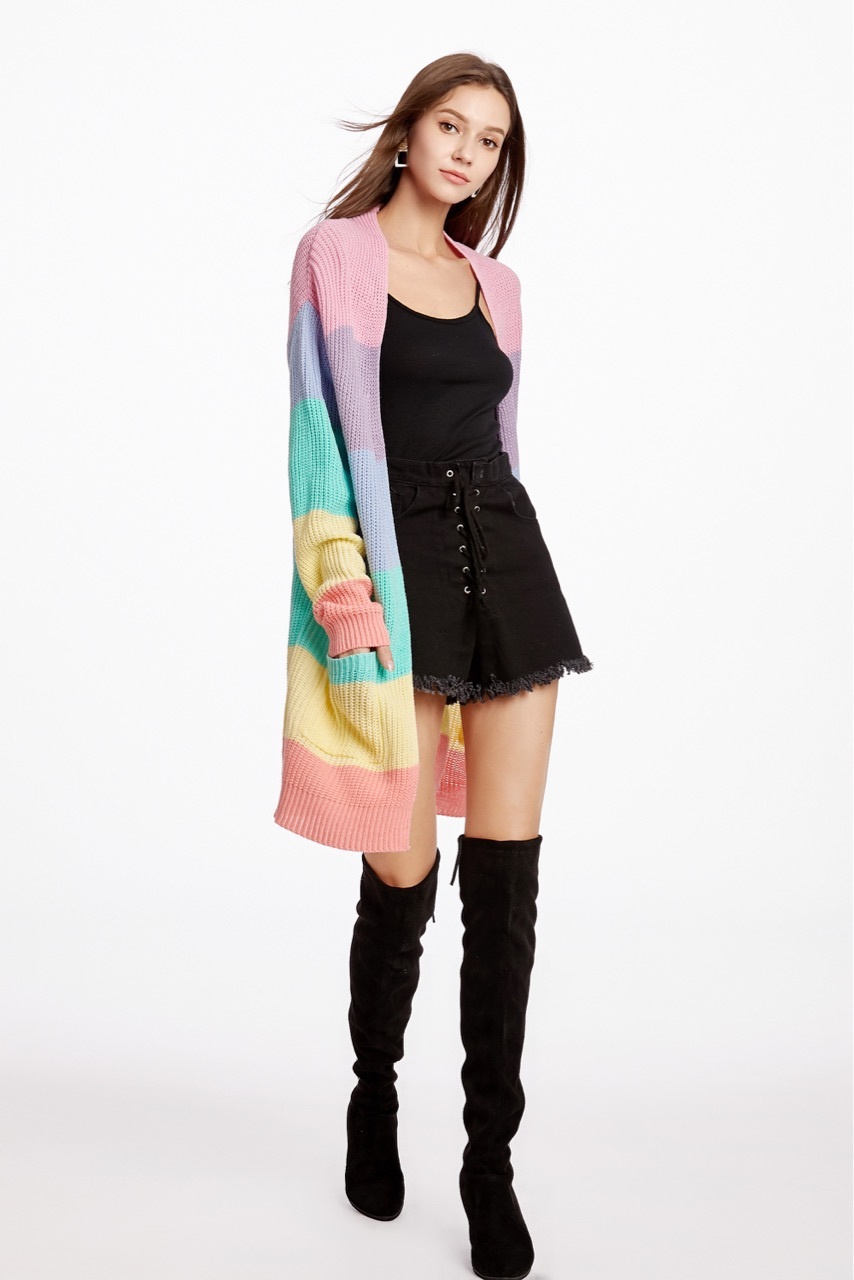Womens elegant Loose Sweater Yellow Casual Coat Women Rainbow striped long cardigan female Autumn Winter knitted sweater Jacket 201221