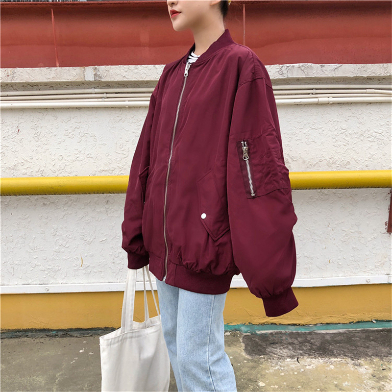 Women Bomber Jacket Boyfriend Oversize Long Sleeve Basic Coat Female Zipper Spring Armygreen Black Baggy Baseball Uniform Jacket 201022