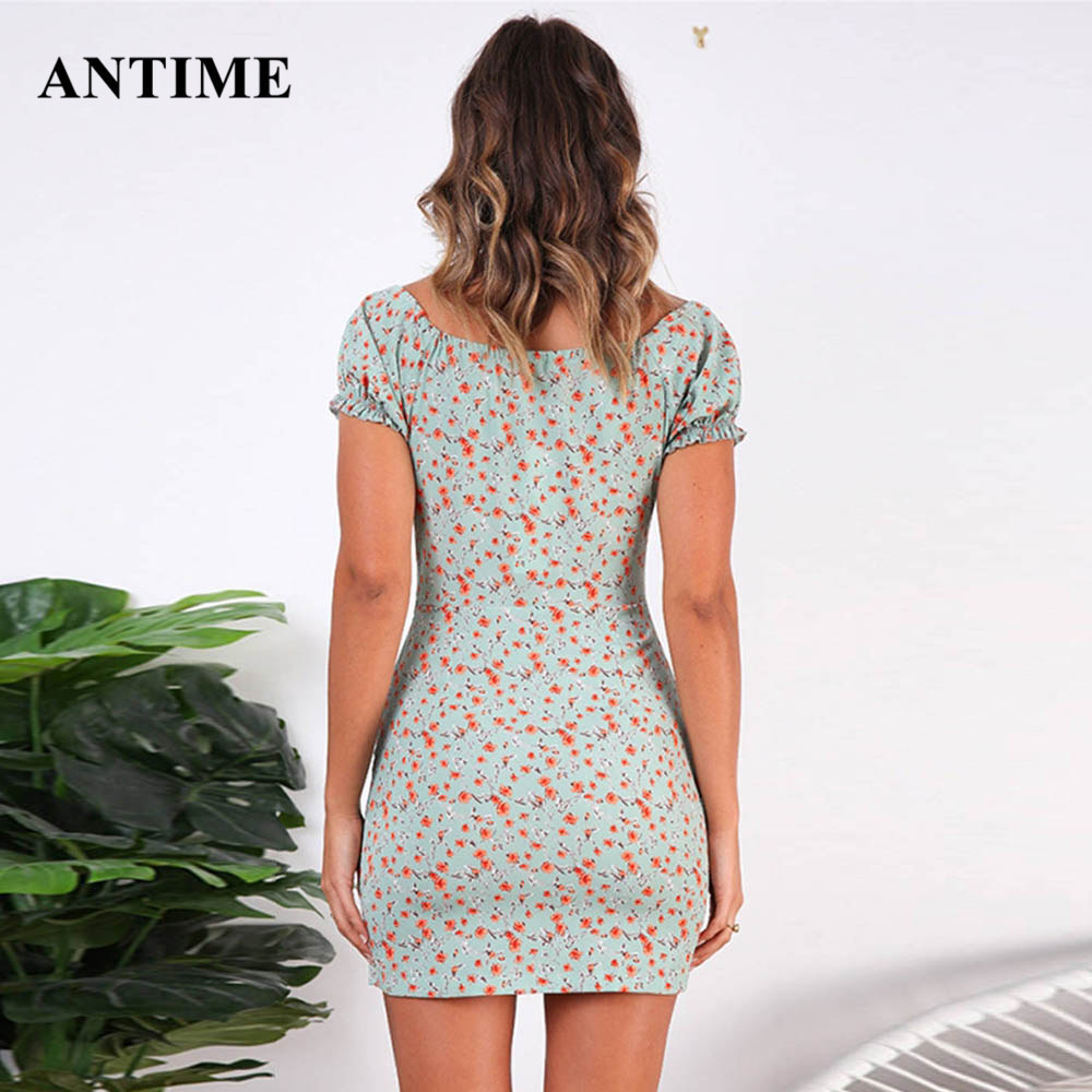 Antime Off Shoulder Women Floral Print Dress Mini Sexy Sheath Short Sleeve Casual Boho Wrap Bodycon Beach Summer Dress T200604