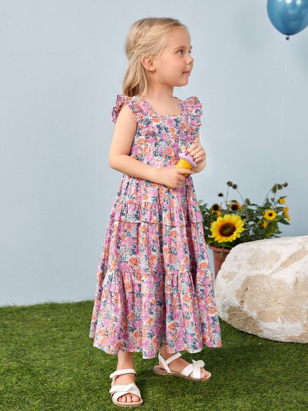 Toddler Girls Allover Floral Print Backless Butterfly Sleeve Layered Ruffle Hem Dress SHE