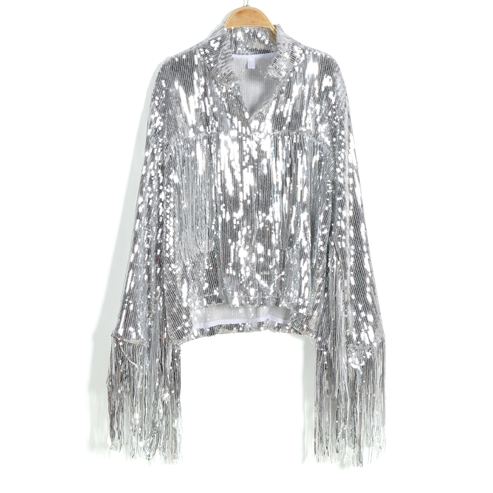 Women's Tassel Sequin Jacket Autumn Winter Streewear Rock BF Retro Long-sleeved Silver Reflective Jacket Women Outwear Tops 201014