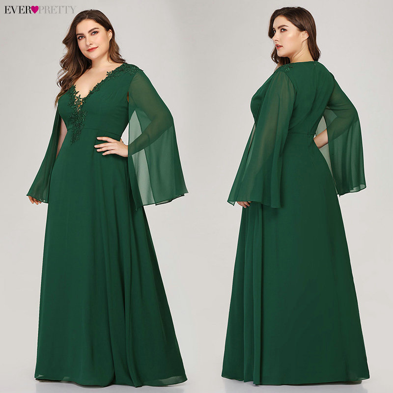 Plus Size Green Evening Dresses Ever Pretty EZ07948 ALine VNeck Appliques Elegant Women Formal Dresses For Party Abendkleider 201114