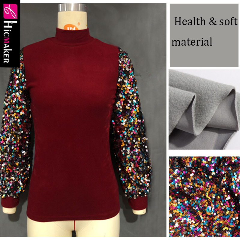 Mock Neck Lantern Sleeve Sequins Colorblock Insert Blouse Women Long Sleeve Shining Sparkly Chic Spring Fall Shirt T200322