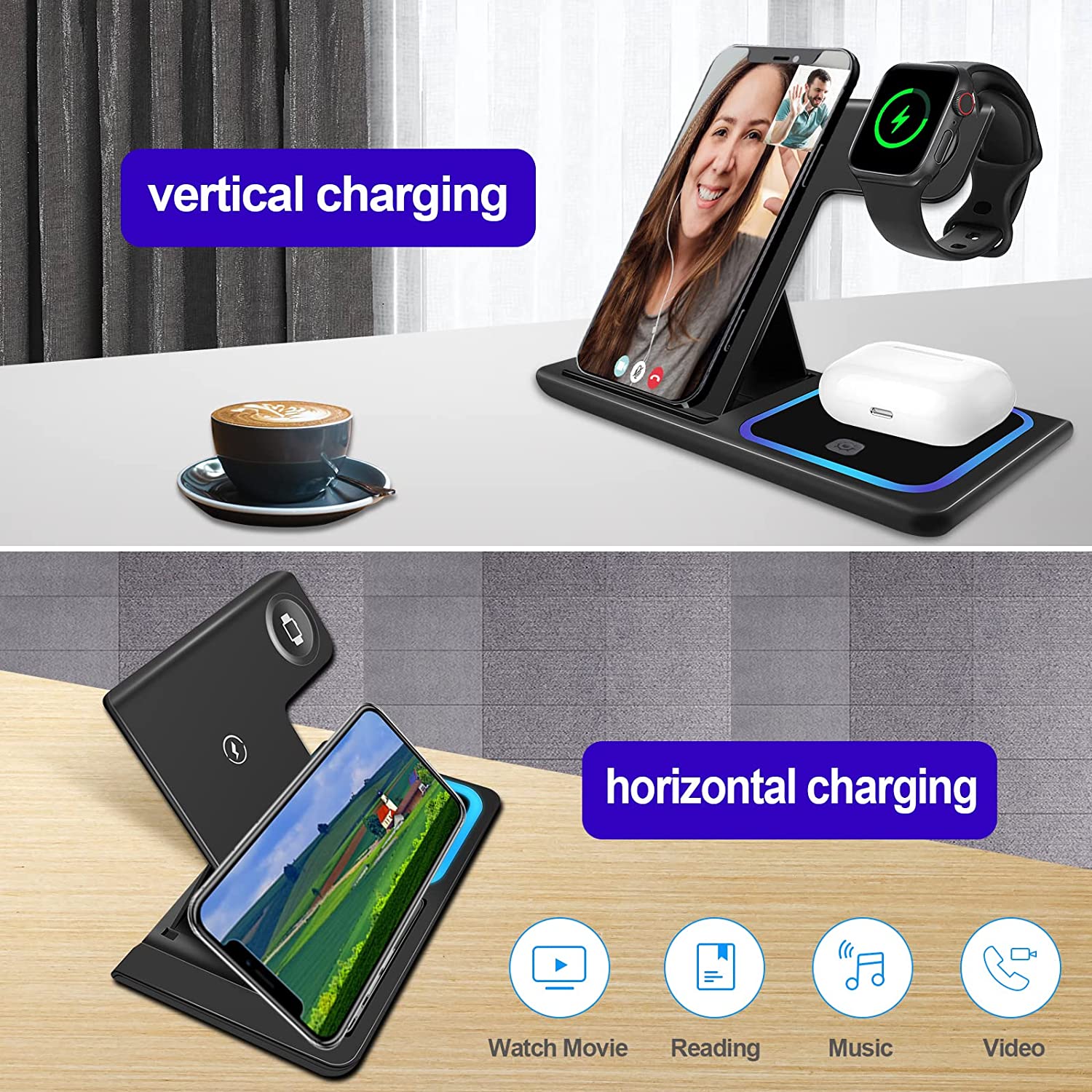 15W 3 in 1 Wireless Charging Charger Station Compatible for iPhone Watch AirPods Pro Qi Fast Quick Charger for Cell Smart Mo481699