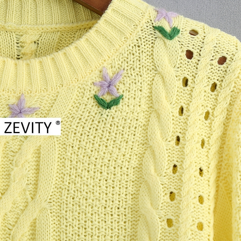 Zevity women Fashion Floral Embroidery Twist Crochet Cropped Knitted Sweater Lady hollow out casual pullovers chic tops S343 201222