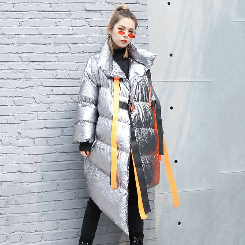 TWOTWINSTYLE Irregular Patchwork Bandage Cotton Coats Female Stand Collar Long Sleeve Asymmetrical Women's Parkas Fashion 201017