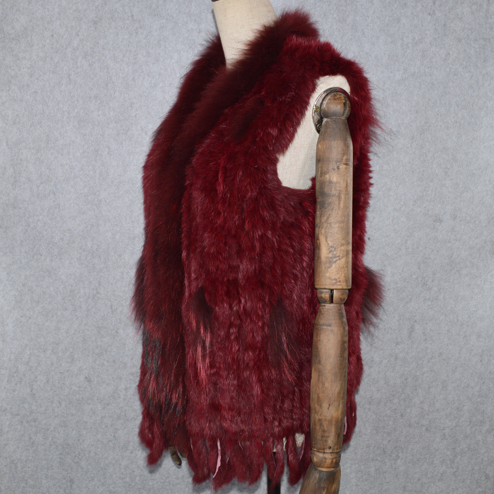 Party Women Real Rabbit Fur Vest Knitted Tassels Real Genuine Rabbit Fur Gilet Real Raccoon Fur Collar Waistcoat 201016