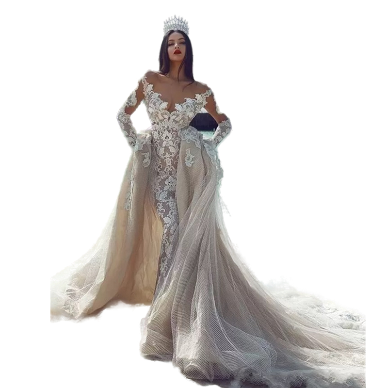 Vintage Mhamad Champagne Boho Beach Wedding Dress With Detachable Overskirts Lace Appliques Mermaid Bridal Gowns V Neck Summer Bride Wedding Dresses
