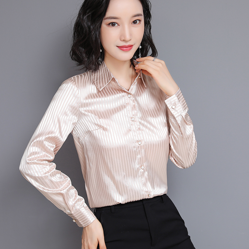 Fashion Autumn Women Silk Shirts Woman Striped Satin Shirt Plus Size Silk Blouses Womens Tops and Blouses Blusas Mujer De Moda T200322