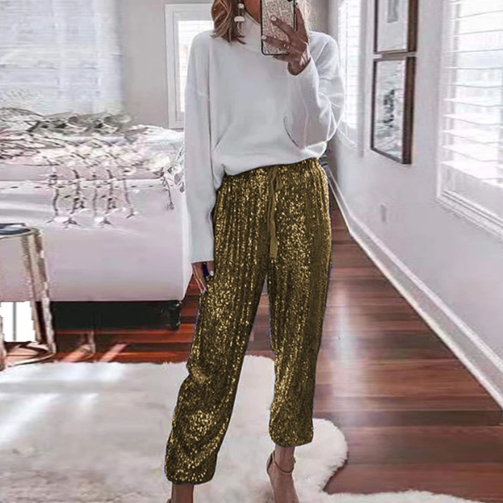 Sexy Sequined Cargo Pants Glitter Shiny High Waist Casual Party Ladies Sweatpants Belt Casual Elastic Straight Loose Trouser 201228