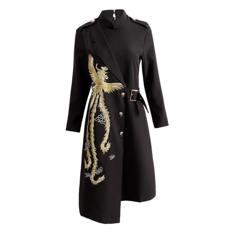 [EWQ] 2020 Autumn New Long-sleeved Embroidery Loose Casual Ladies Robe Korean Style Women Black Irregular Shirt Dress LJ201202