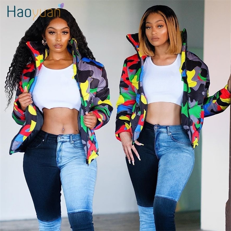 HAOYUAN Camouflage Winter Women Plus Size Clothing Down Bubble Coat Warm Thick Parka Outerwear Oversized Puffer Jacket Y201001