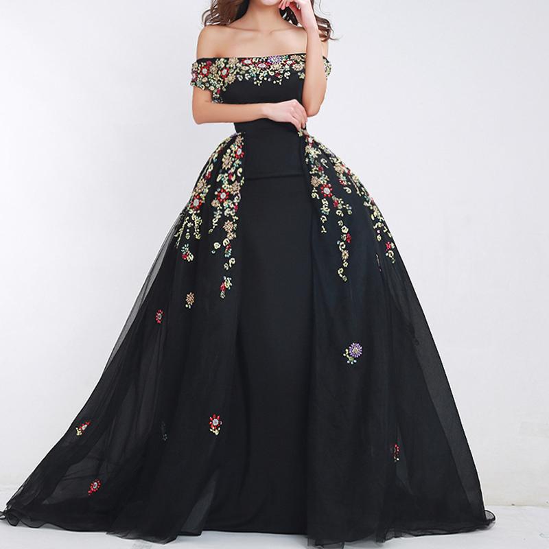 Luxury Black Evening Dresses With Detachable Train Sexy Bateau Sequins Beads Floral Appliqued Prom Dresses Custom Made Amazing Pageant Gown