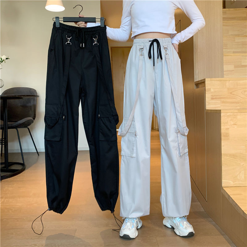 Women Fashion Harajuku Cargo Pants Black Detachable Strap Trousers Female Elastic Waist Streetwear Pants Plus Zise Casual Pants 201113