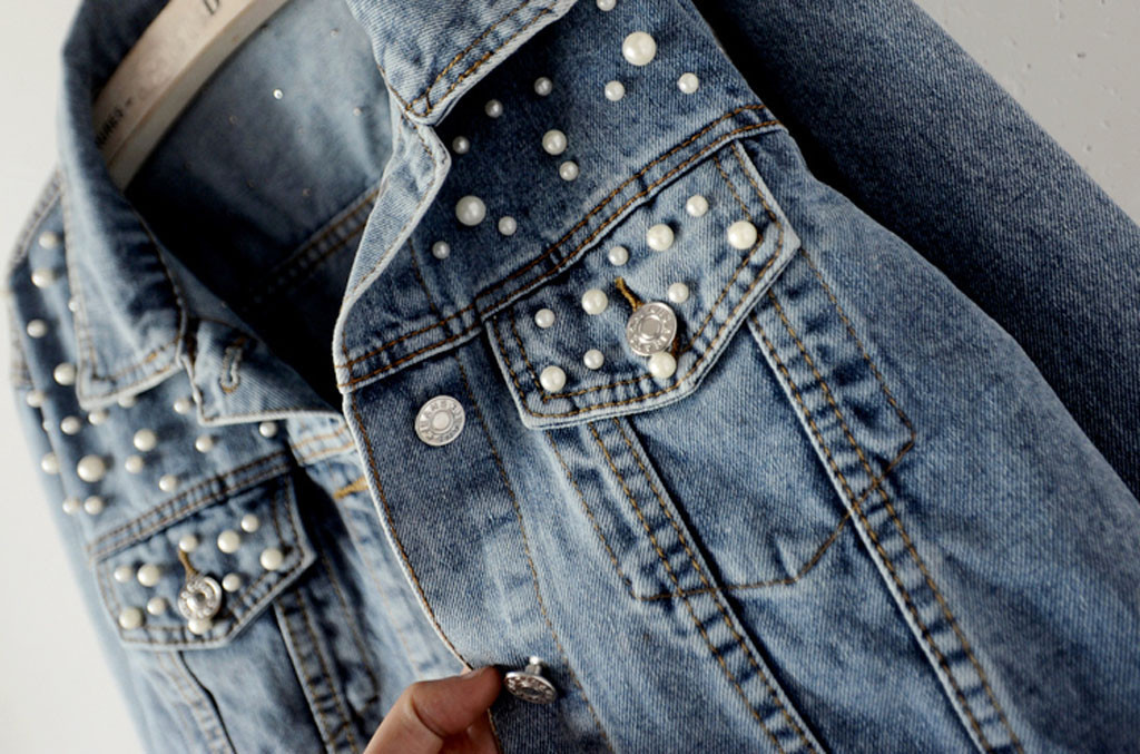 Vintage Women Jean Jackets With Pearls Beading autumn Long Sleeve Pockets Denim Jackets Women Loose Outwear Female Coat 201028