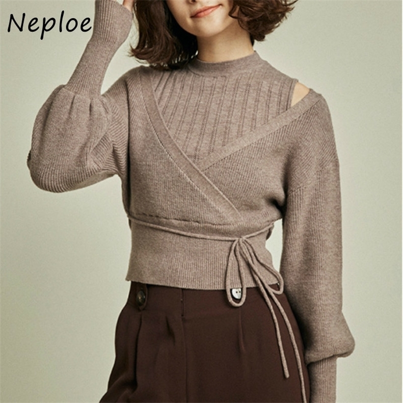 Neploe Turtleneck Drawstring Puff Sleeve Knitted Sweaters Sweet Loose Shoulder Strapless Women Tops Autumn Winter New Pullovers 201224