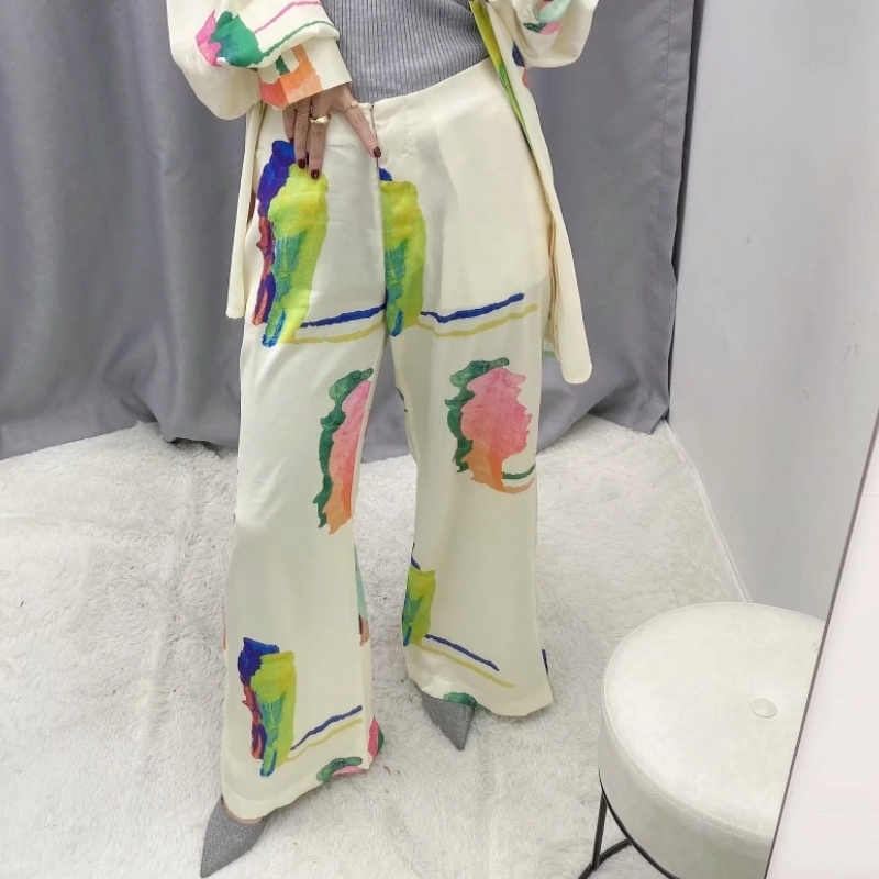 New Women popular colorful painting wide leg pants femme leisure zipper Trousers office lafy wear casual slim chic pants P603 201111